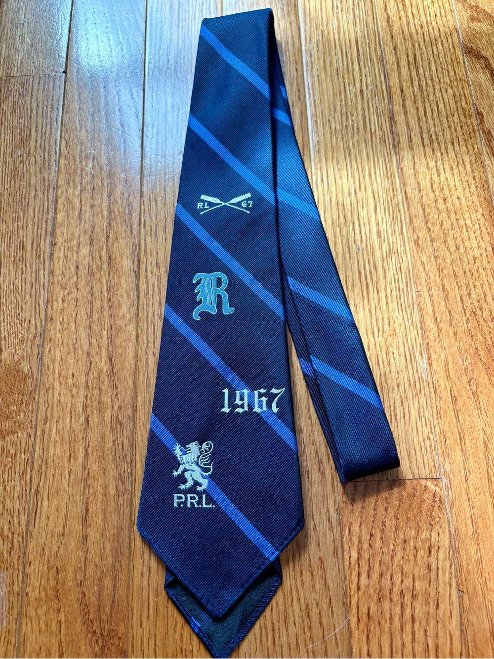 RARE Polo Ralph Lauren Men’s Navy Blue Striped Tie Prep motifs Rowing Crest 1967
